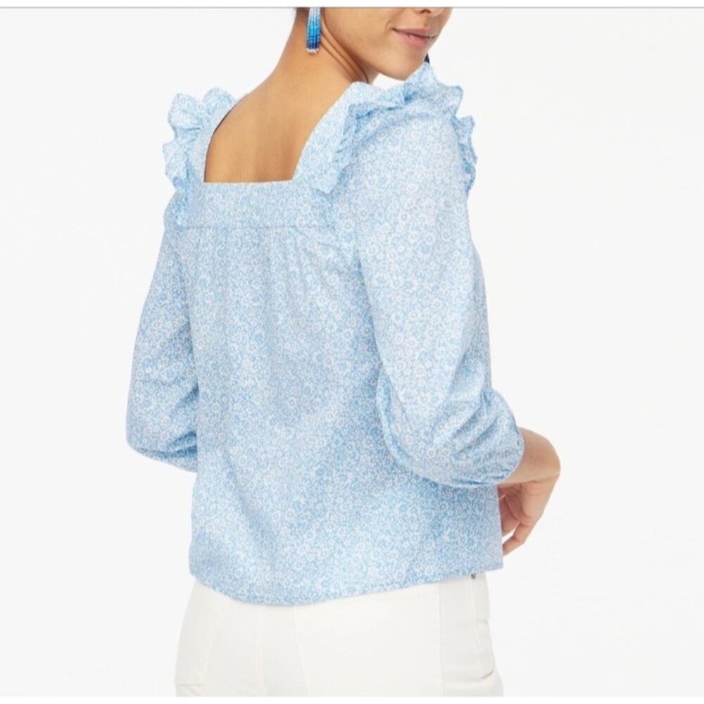 J.Crew Blue Cotton Floral Squareneck Ruffle Top peasant Cottage Core Cottagecore - Picture 6 of 12